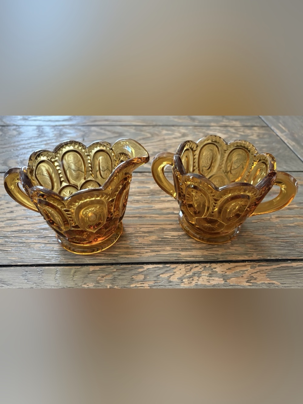 Indiana Glass Company King's Crown Thumbprint Creamer and Sugar Set Amber